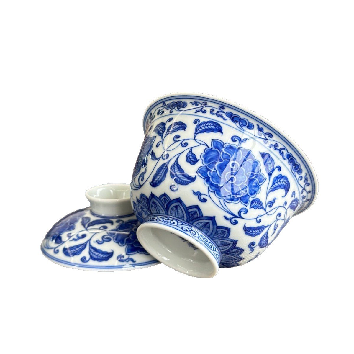 Hand-Painted Blue & White Porcelain Peony Gaiwan with Gift Box – Jingdezhen Artisan