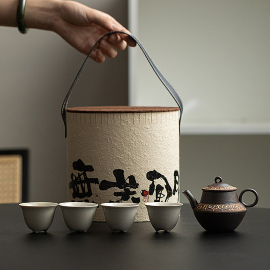 Handcrafted designer-collab Yanyi clay teapot with four matching cups, traditional Chinese ceramic tea set