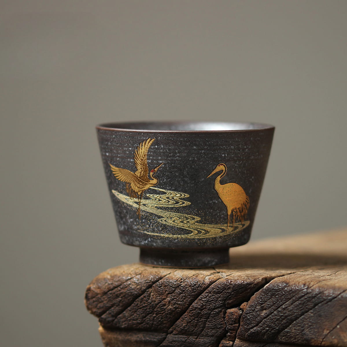 Vintage Handmade Ceramic Tea Cup – Gilded Double Cranes Design