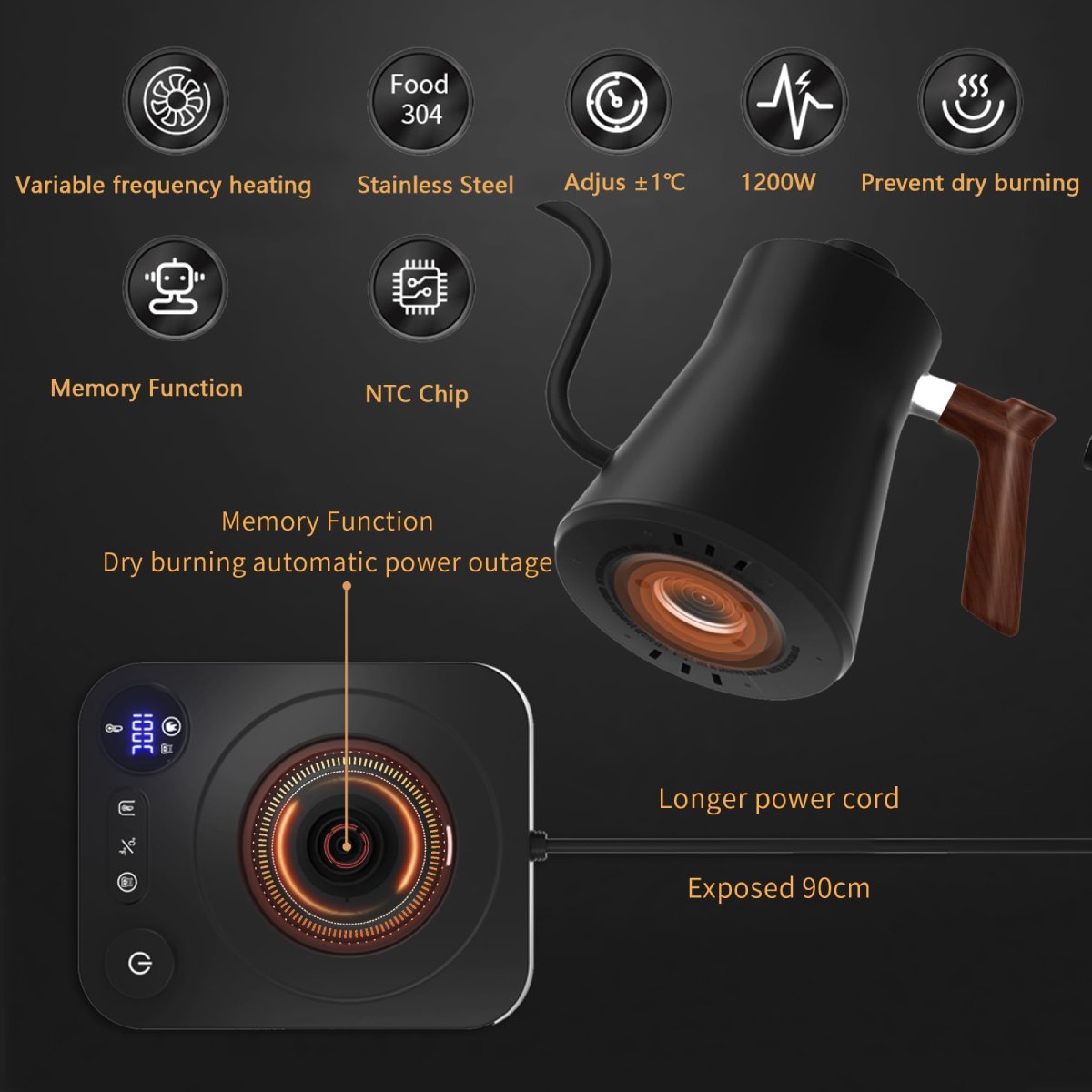 Variable Temperature Gooseneck Electric Kettle 0.9L – Fast Heating, 304 Stainless Steel for Tea