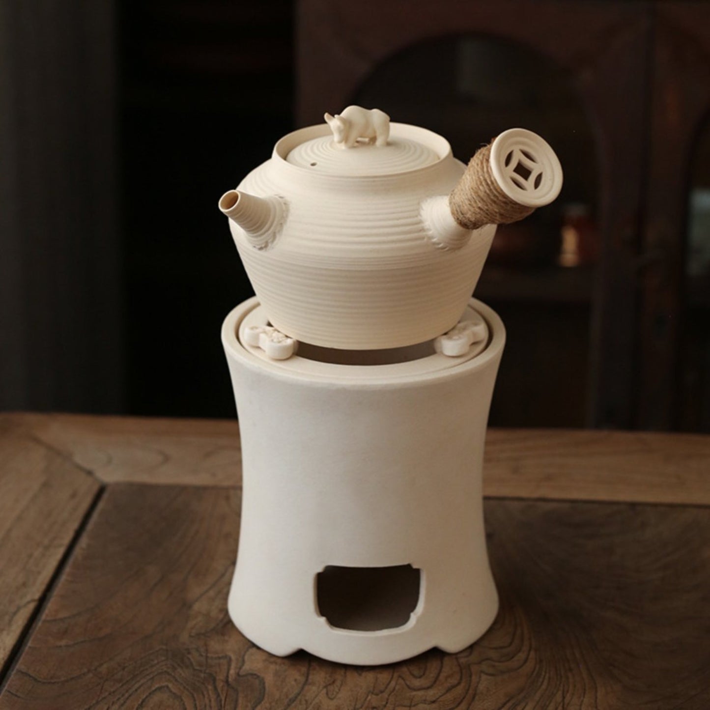 Natural white clay teapot with slim-waist charcoal stove set – rustic teapot for stovetop brewing