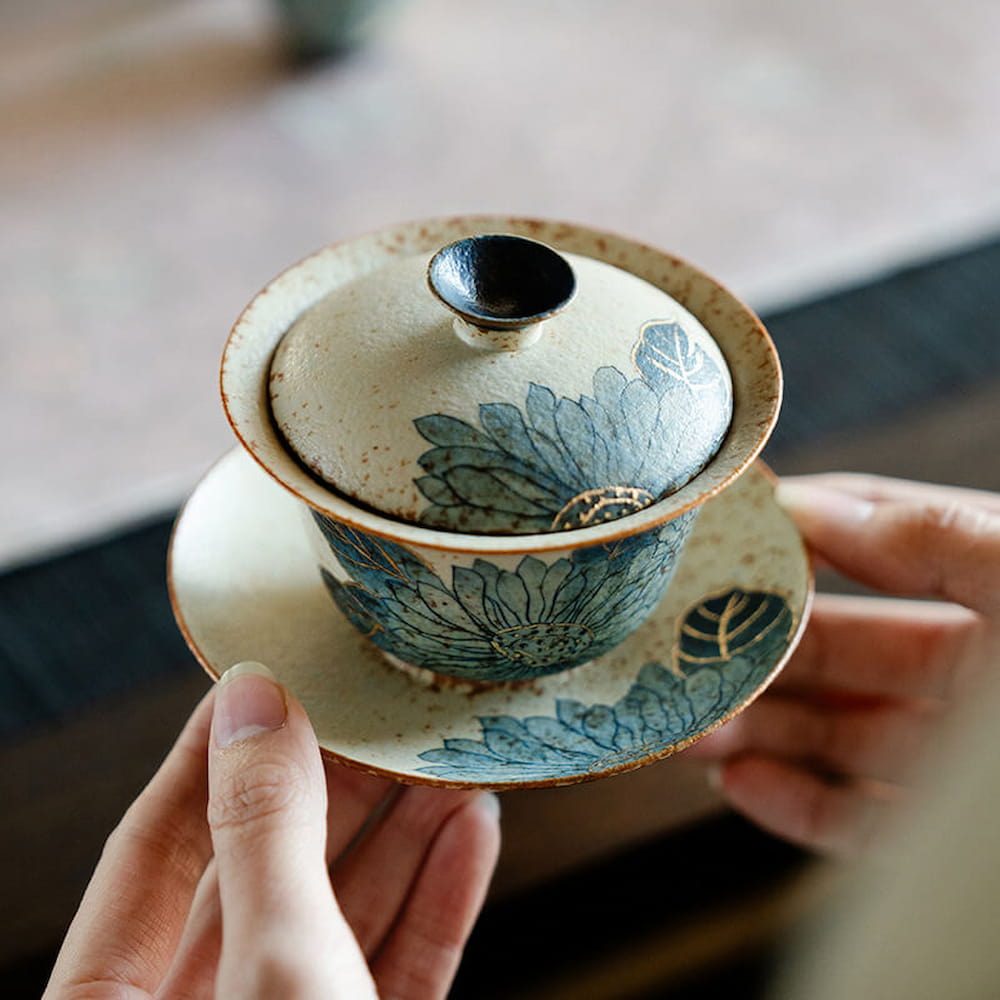 Jingdezhen Qiuci Gaiwan – Handcrafted Three-Piece Chinese Tea Bowl with Autumn Motif