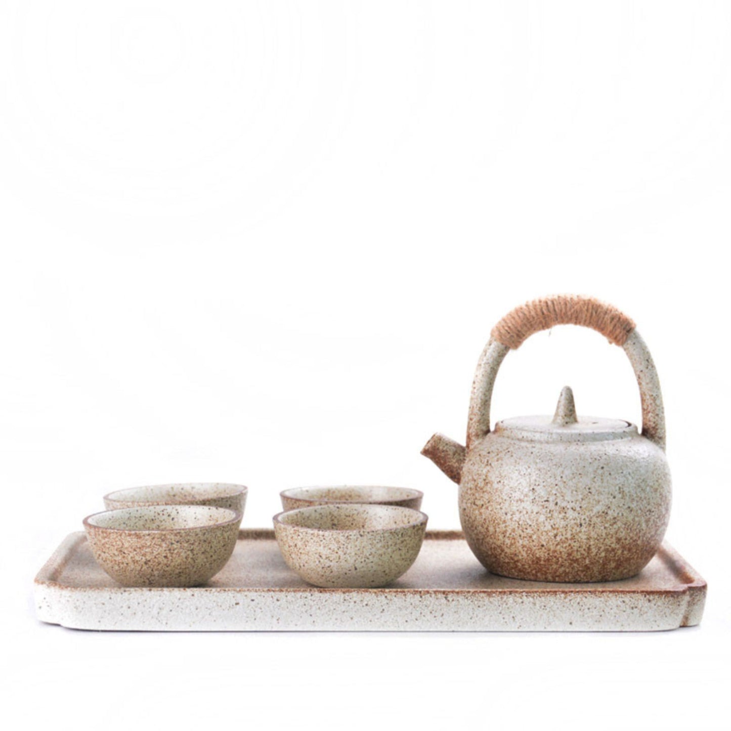 Kiln-glazed ceramic tea set in East Asian style, featuring teapot, tray, and cups for traditional tea serving