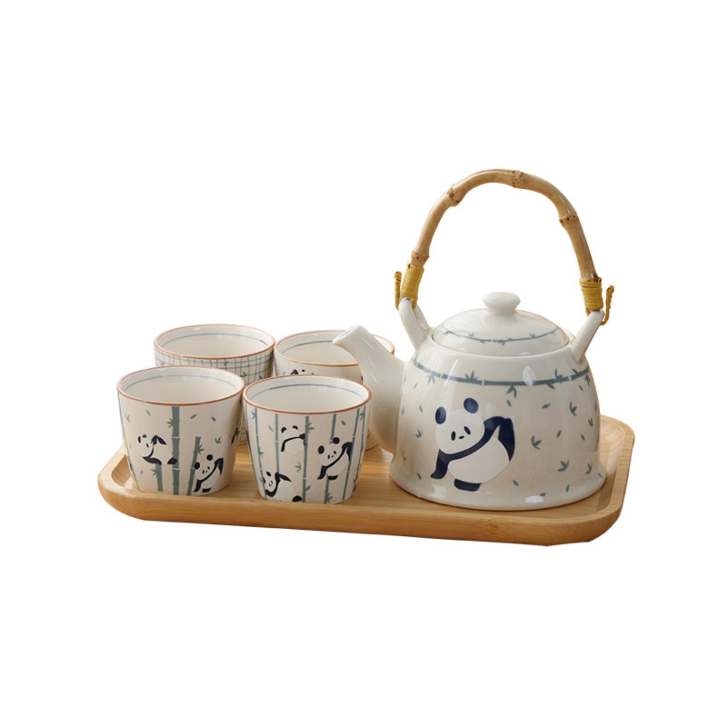 Panda porcelain gongfu tea set gift box with ceramic teapot, four cups, and bamboo tray
