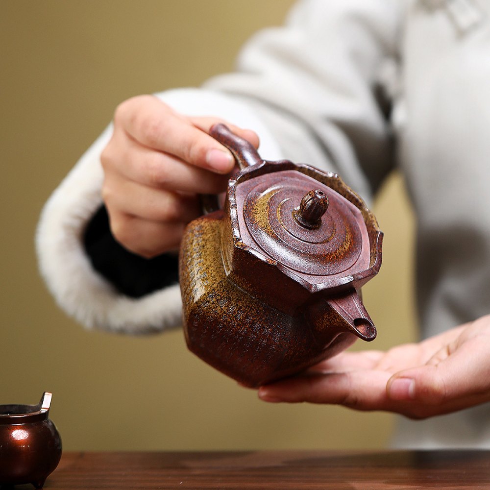 Six-Sided Monk Hat Yixing Zisha Teapot – Wood-Fired Duan Ni Clay, Hand-Carved Sutra, 290ml / 9.8oz