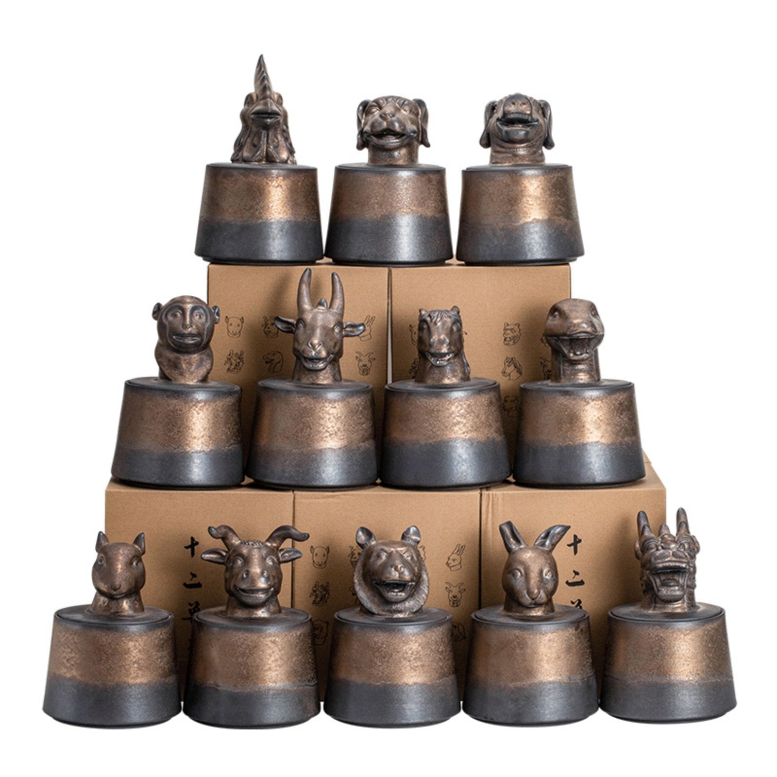 Collection of 12 ceramic tea canisters with Zodiac animal lids – airtight storage for tea, herbs, and snacks