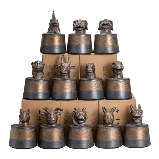 Collection of 12 ceramic tea canisters with Zodiac animal lids – airtight storage for tea, herbs, and snacks