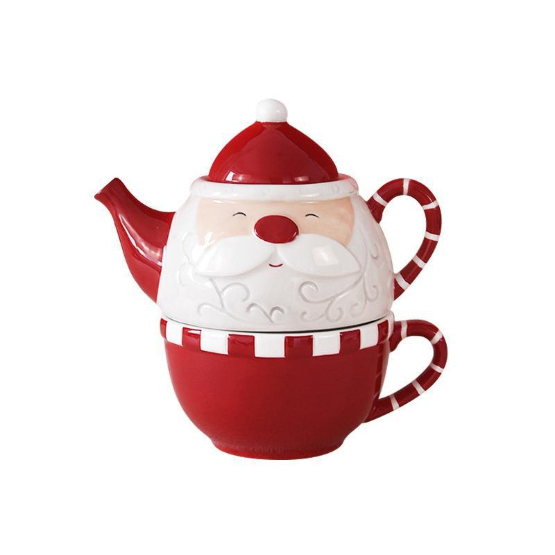 Santa Claus ceramic teapot and cup set in modern cartoon design, suitable for holiday tea gatherings or festive décor