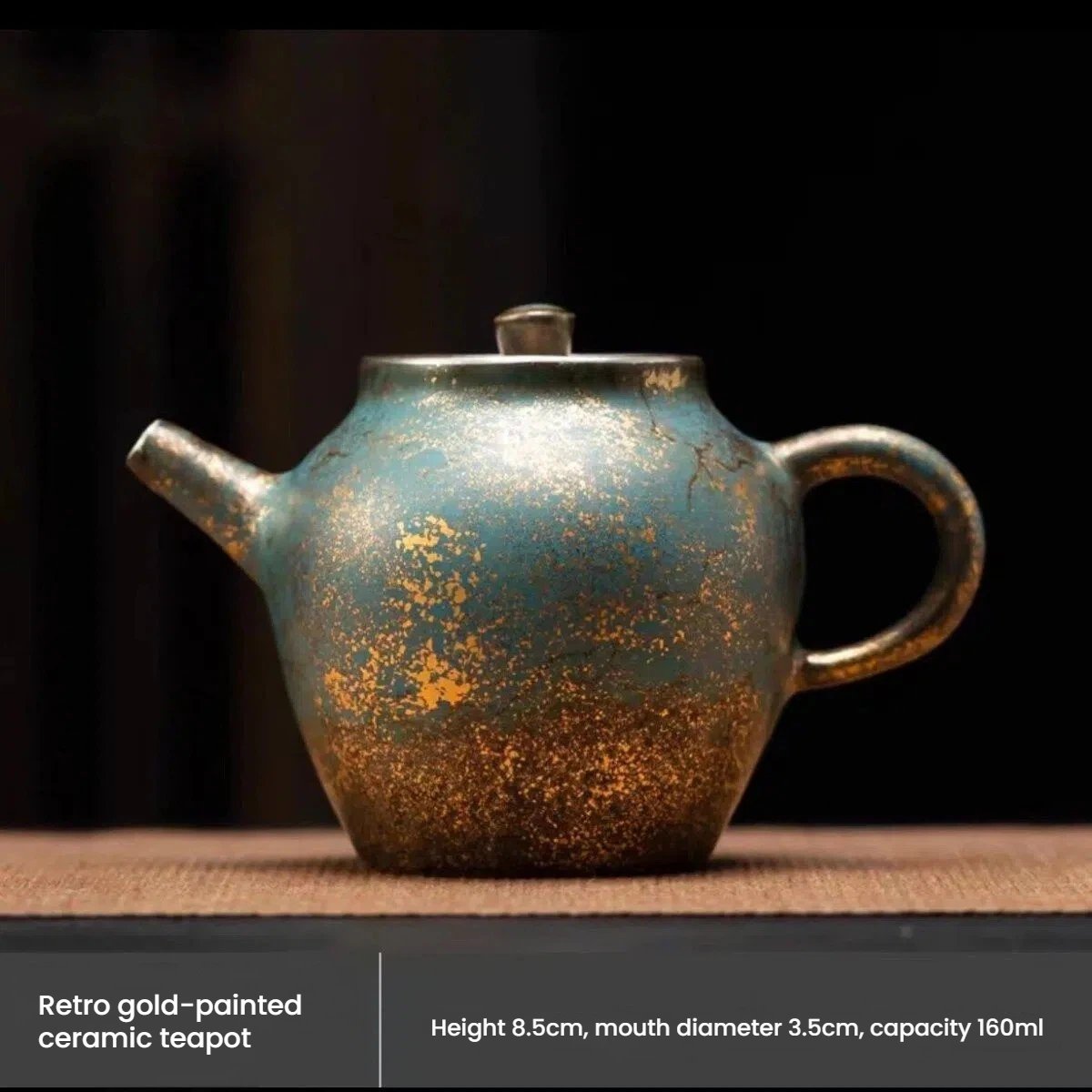 Evergreen Glaze Ceramic Teapot with Vintage Gold Accents – 5.4oz (160ML) Handcrafted Tea Kettle