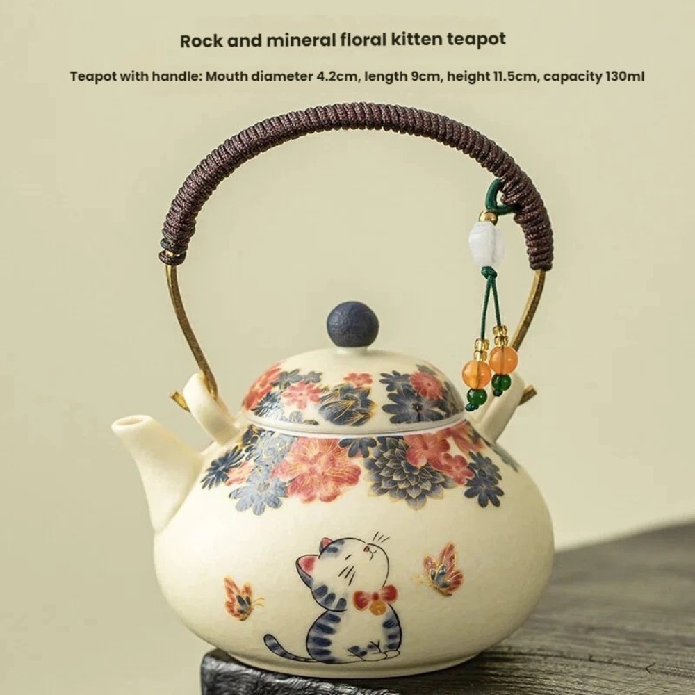 Chinese Porcelain Gongfu Tea Set with Cat Teapot – 130ml Teapot & 2 Cups, Travel Bag