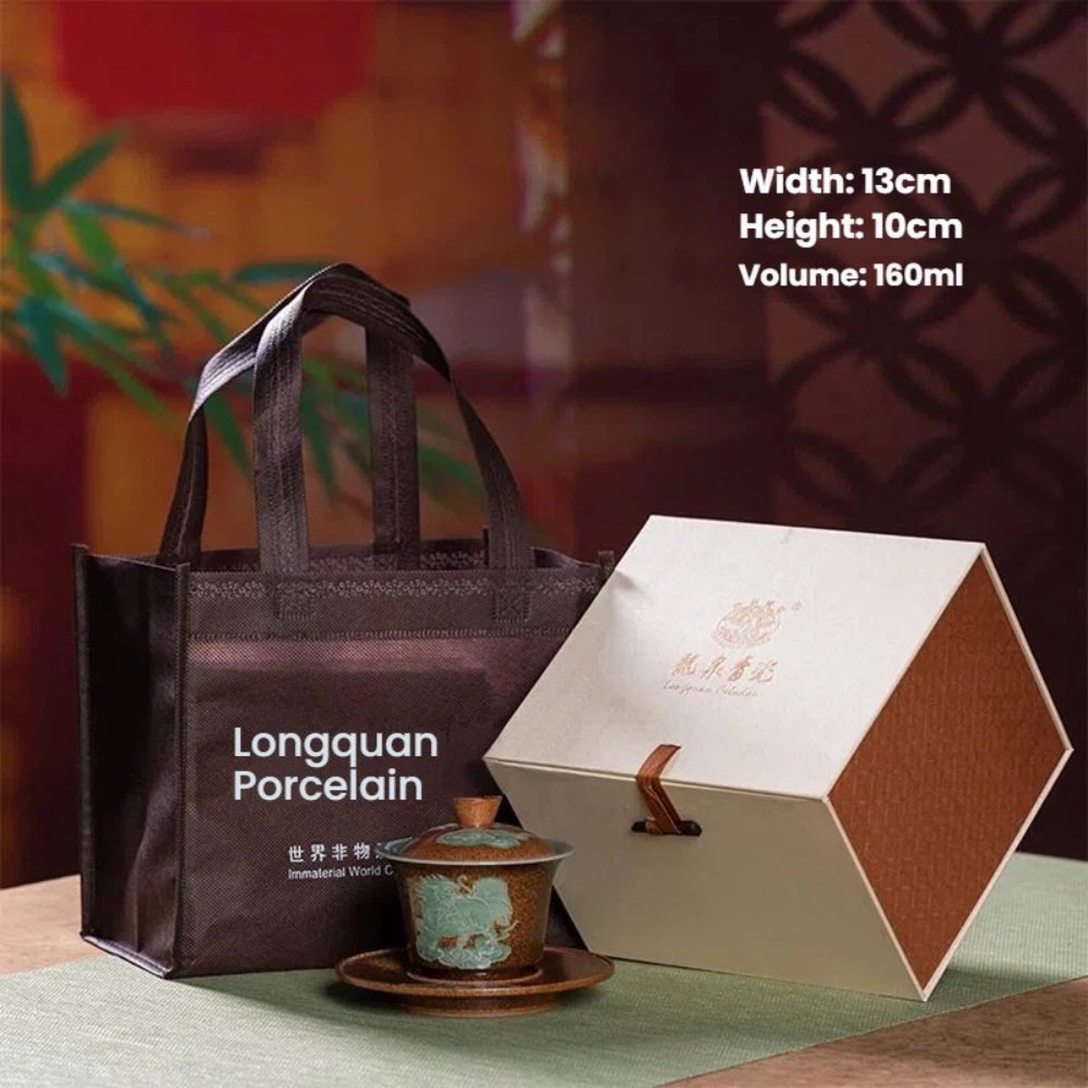 Longquan Celadon Kiln-Fired Gaiwan with Qilin Lid – Gift Box Edition