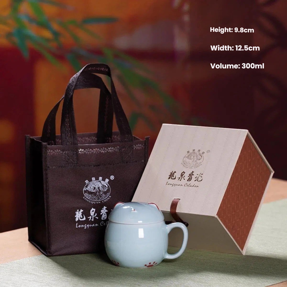 Longquan Celadon Lucky Cat Ceramic Mug with Lid – 10 oz Office Coffee Cup