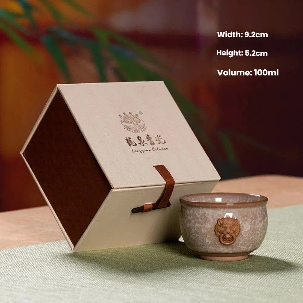 Longquan Celadon Crackle Glaze Lion Head Tea Cup – Ice Crack Ceramic Master Cup